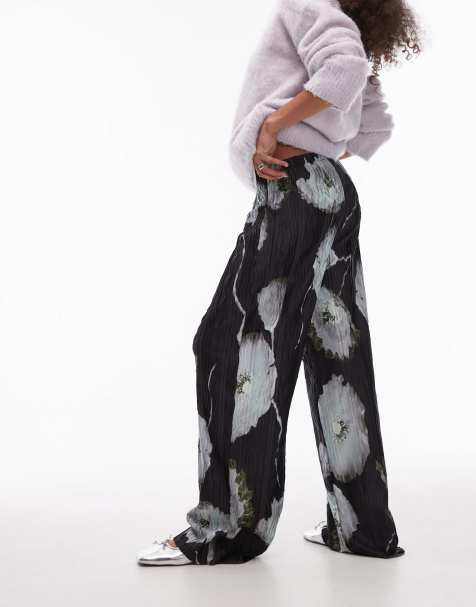 Topshop abstract floral plisse wide leg trousers in black