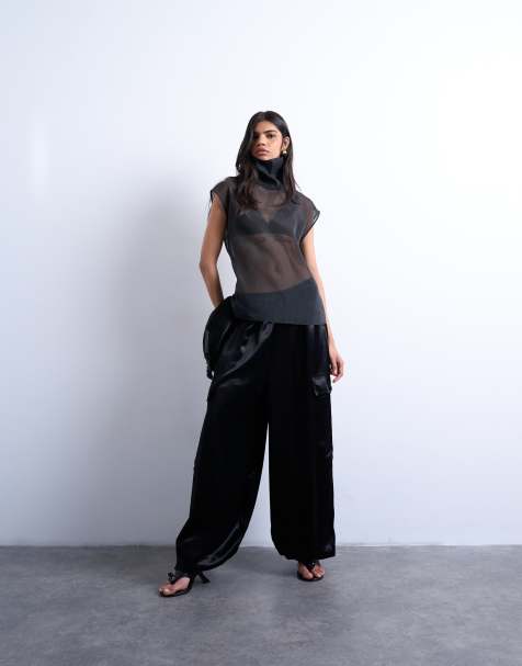 Topshop satin cargo balloon trouser in black