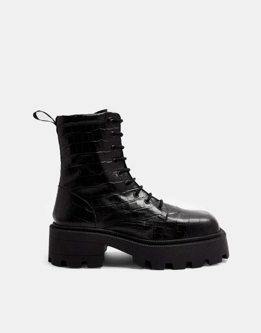 Topshop – Czarne skórzane botki z kwadratowymi noskami, na grubej podeszwie, we wzór skóry krokodyla