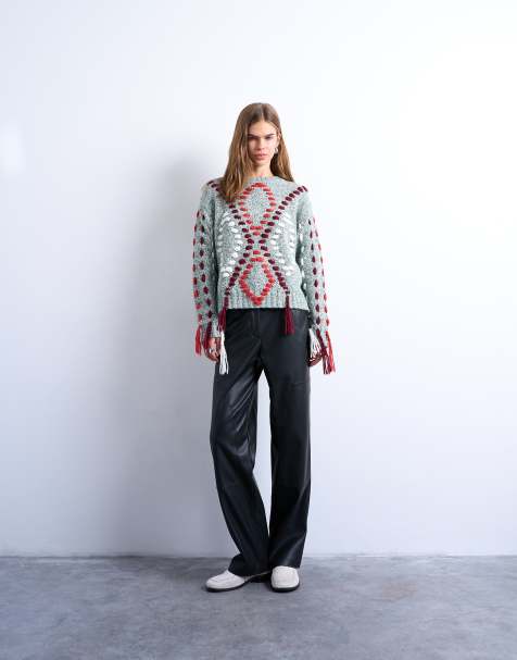 Topshop western patch detailed faux leather trouser in black