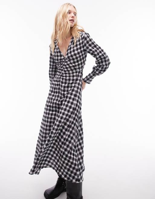 Topshop – Czarno-biała fakturowana sukienka mini w kratkę z zamkiem z przodu