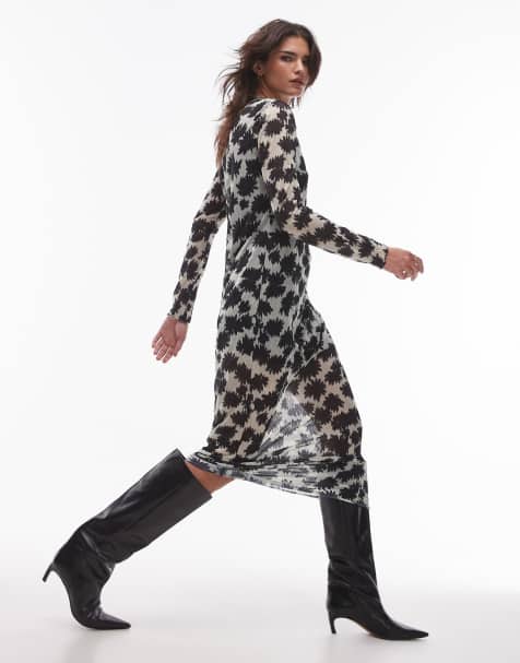 Topshop – Czarno-biała gnieciona sukienka midaxi w kwiatowy wzór - view 1