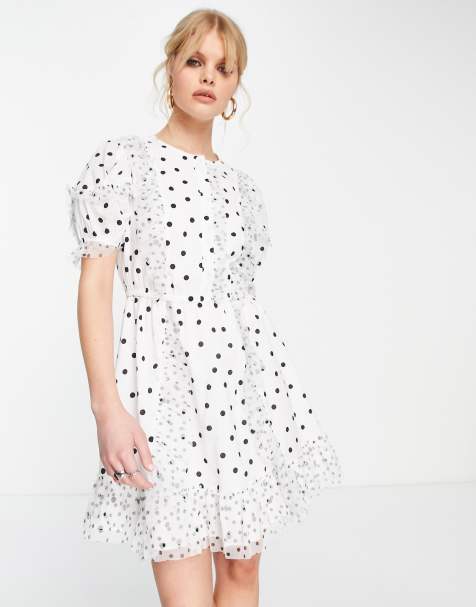 Topshop – Czarno-biała sukienka z falbanką we wzór w groszki - view 1