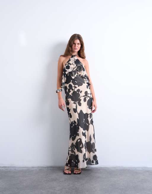 Topshop – Czarno-biała szyfonowa sukienka warstwowa z dekoltem typu halter w kwiatowy wzór