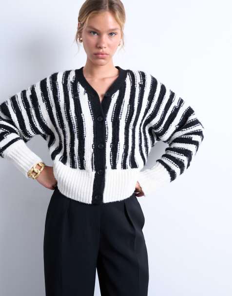 Topshop knitted vetical stripe cardigan in mono
