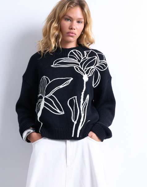 Topshop knitted embroidered floral jumper in mono