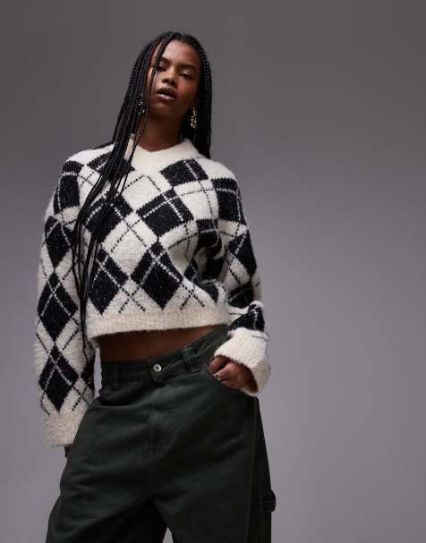 Topshop knitted diamond high v neck jumper in mono