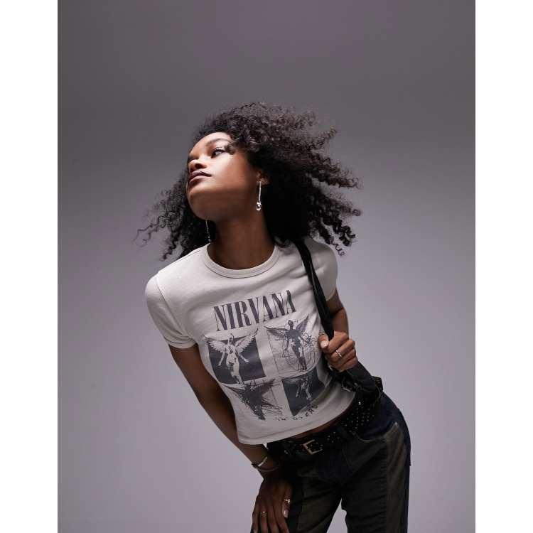 Topshop Czarno bia y krotki i obcis y T shirt z licencjonowan grafik zespo u Nirvana