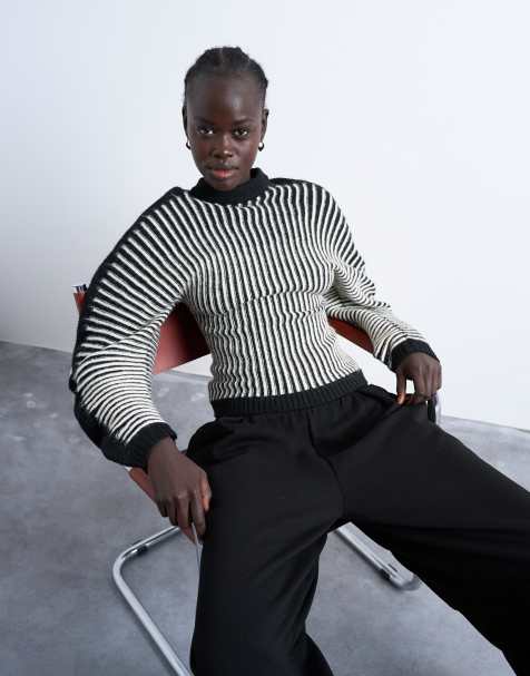 Topshop cocoon plated ribbed jumper in black and white
