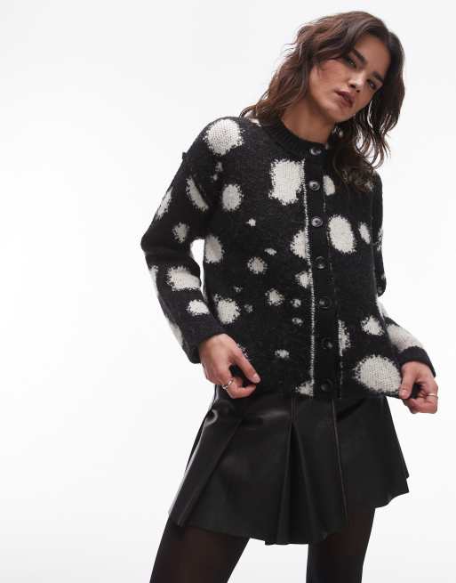 Topshop – Czarno-biały pudełkowy kardigan z dzianiny w grochy