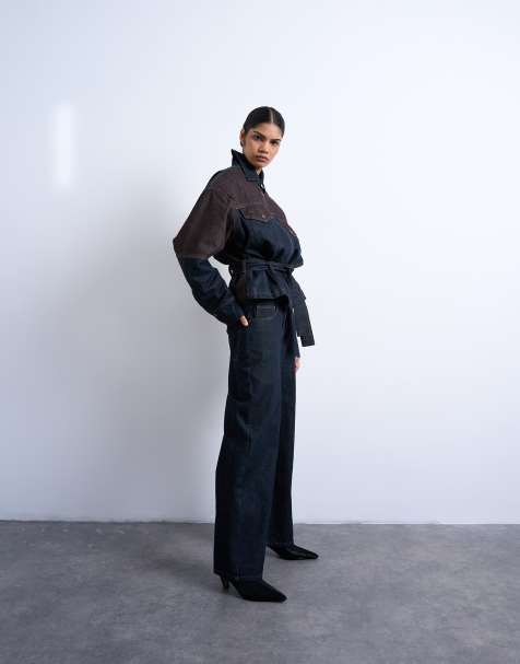 Topshop two toned high rise loose fit jean in brown and black