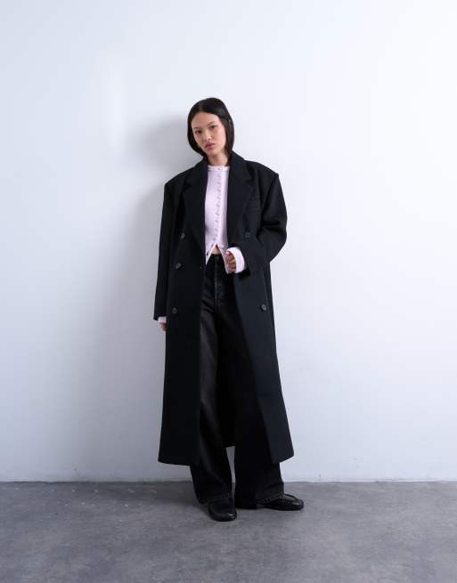 Topshop – Czarny dwurzędowy płaszcz z domieszką wełny o męskim fasonie