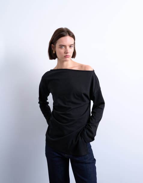 Topshop asymmetrical jersey slash neck long sleeve top in black