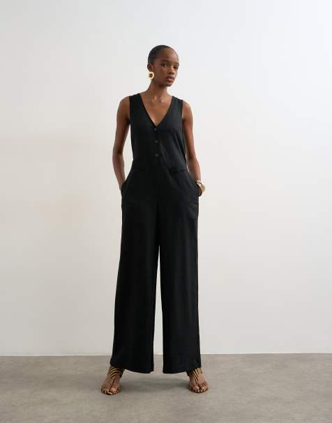 Topshop – Czarny elegancki lniany kombinezon - view 1