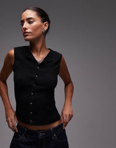 Topshop crinkle button down tank in black