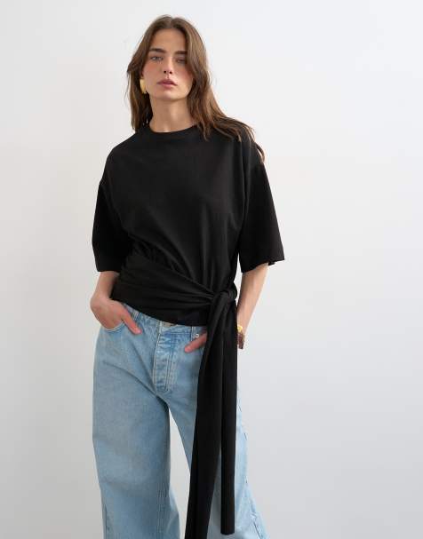 Topshop – Czarny kopertowy top z wiązaniem w talii - view 1
