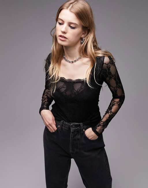 Topshop – Czarny koronkowy top z długimi rękawami