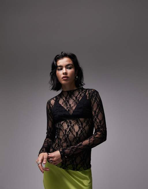 Topshop – Czarny koronkowy top z długimi rękawami