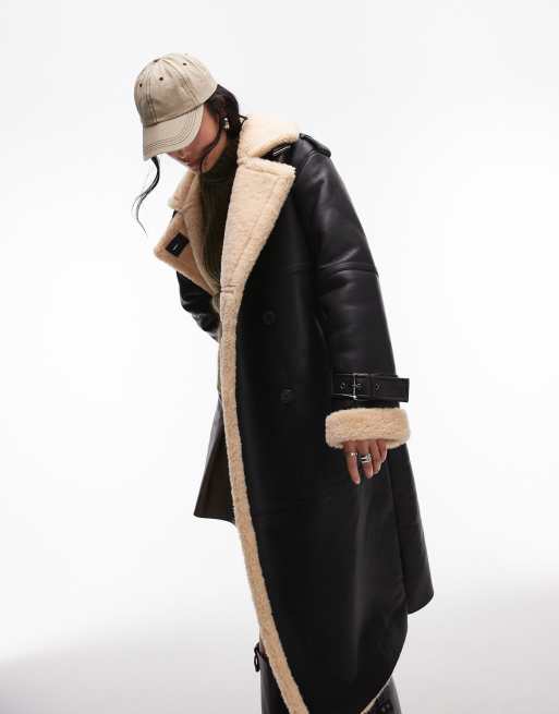Topshop – Czarny płaszcz typu aviator oversize z kożuszkiem