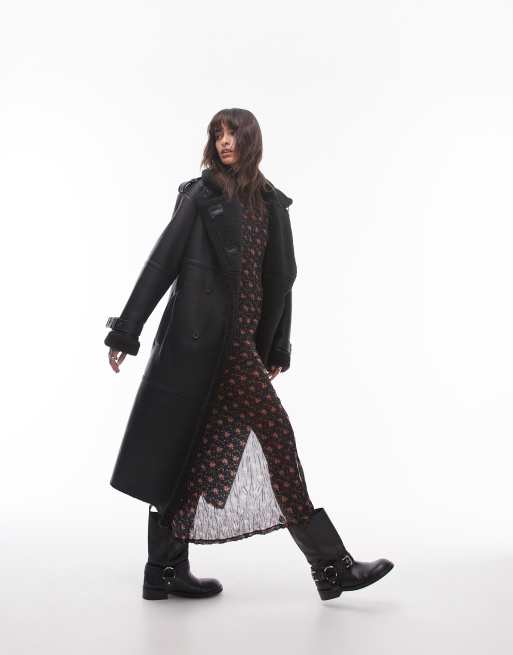 Topshop – Czarny płaszcz typu aviator oversize z kożuszkiem