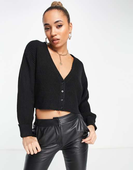 Topshop – Czarny prążkowany kardigan o krótkim fasonie z mieszanki poliestru 