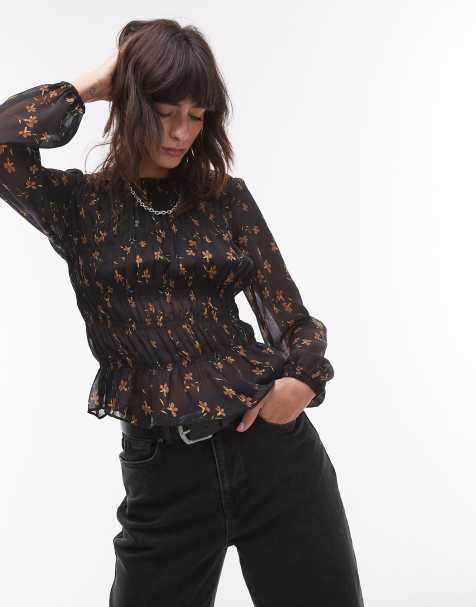 Topshop – Czarny prześwitujący top o asymetrycznym kroju z marszczeniami w drobny kwiatowy wzór - view 1