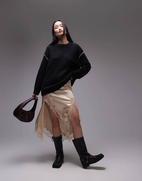 Topshop knitted exposed contrast seam oversized jumper in black