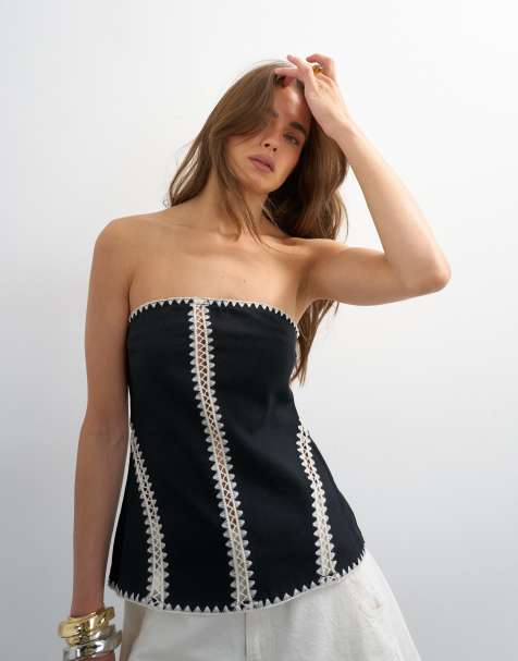 Topshop – Czarny szydełkowany top z dekoltem bandeau - view 1