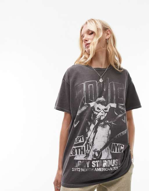 Topshop – Czarny T-shirt oversize z efektem sprania i licencjonowaną foliową grafiką Davida Bowie