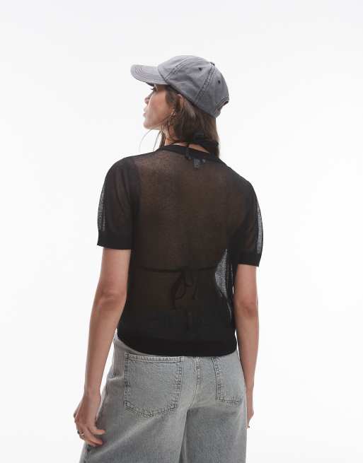 Topshop – Czarny T-shirt z prześwitującej dzianiny, 3 z 4