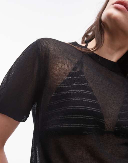 Topshop – Czarny T-shirt z prześwitującej dzianiny, 4 z 4