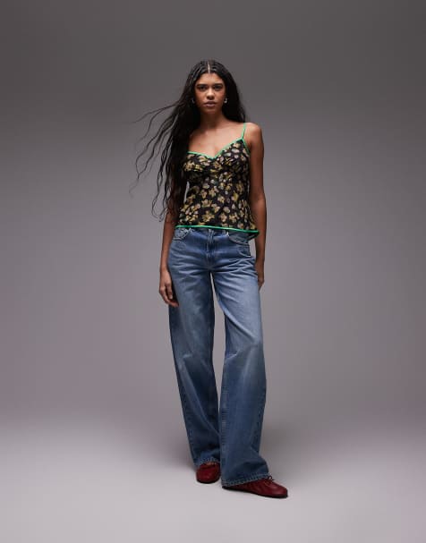 Topshop contrast binding cami in black floral print