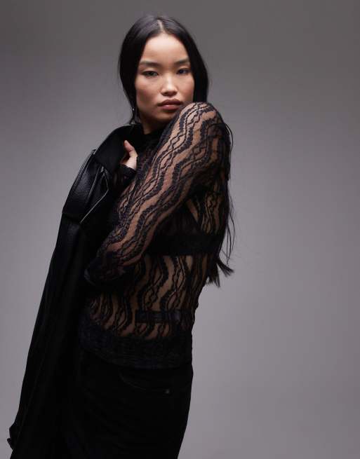 Topshop – Czarny top z golfem z koronki w falisty wzór