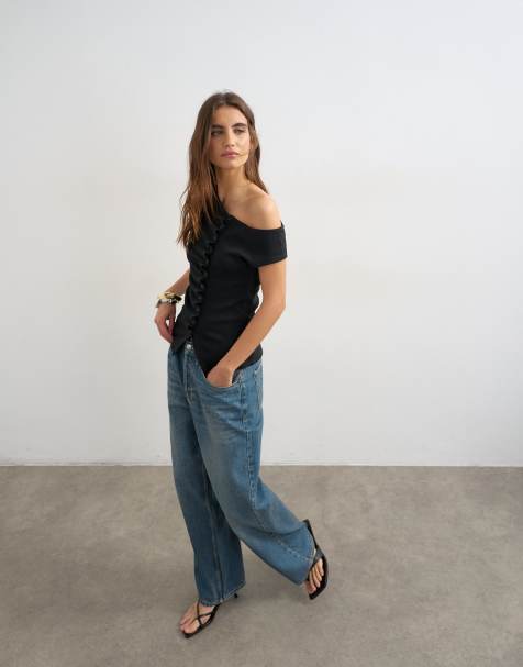 Topshop – Czarny zapinany na guziki top z dekoltem bardot - view 1