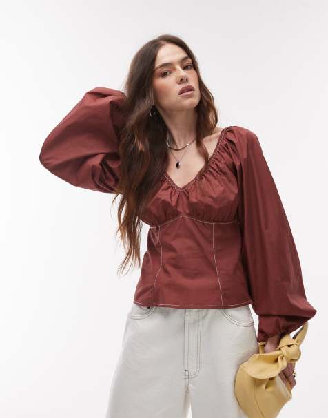 Topshop ruched neck balloon sleeve blouse with top stitching in chocolate