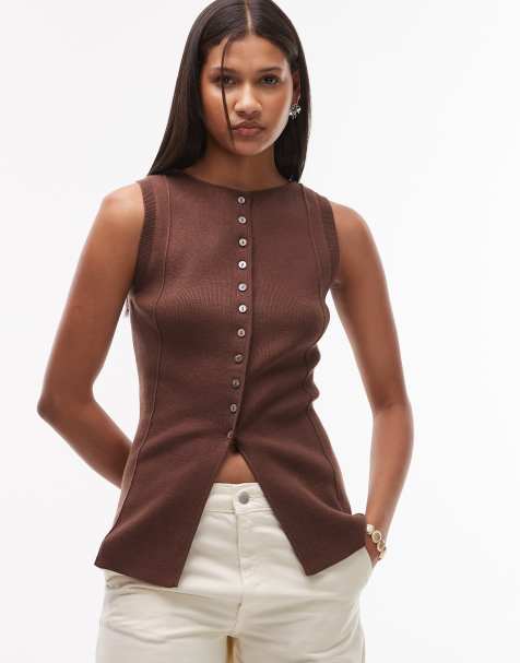 Topshop – Czekoladowa dzianinowa kamizelka o wydłużonym fasonie - view 1