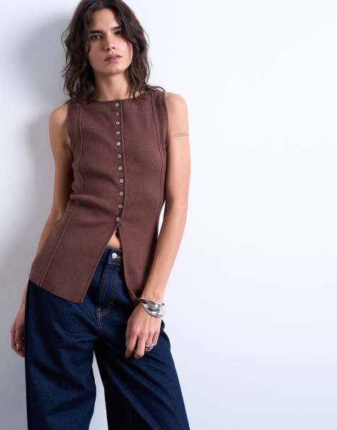 Topshop knitted longline waistcoat in chocolate