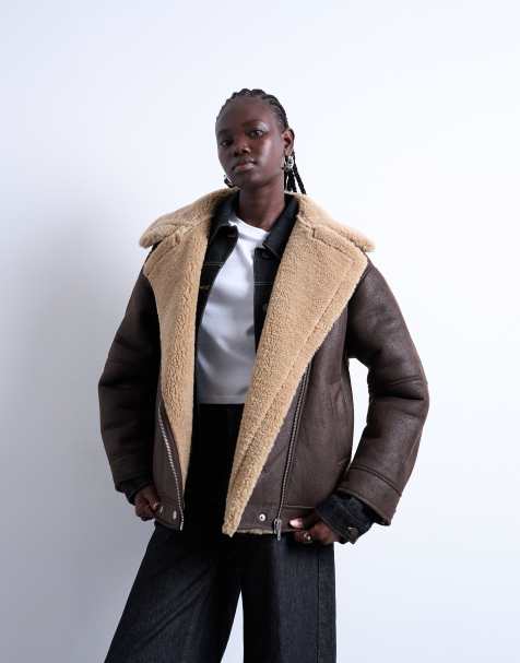 Topshop oversized funnel shearling aviator in chocolate
