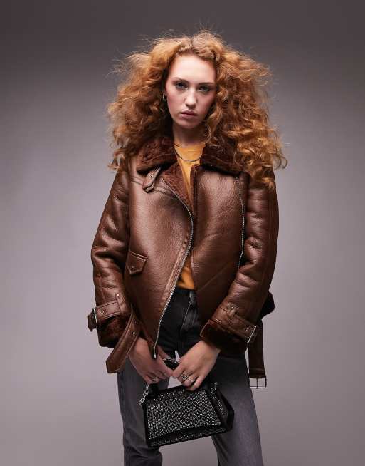 Topshop – Czekoladowa kurtka aviator typu biker z imitacji skóry ze sztucznym kożuszkiem