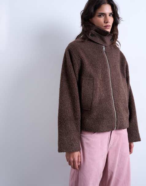 Topshop funnel boucle tab detail bomber in chocolate