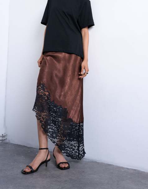 Topshop satin asymmetric lace hem maxi skirt in chocolate