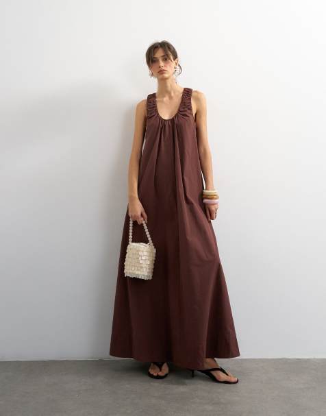 Topshop – Czekoladowa sukienka letnia maxi z marszczonym dekoltem z bawełnianej popeliny - view 1