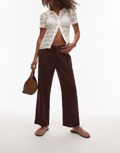 Topshop mid rise linen awkward length trouser in chocolate