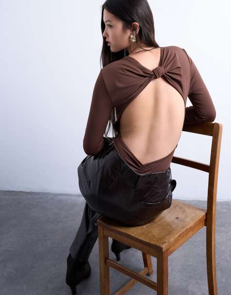 Topshop slinky long sleeve knot back detail bodysuit in chocolate