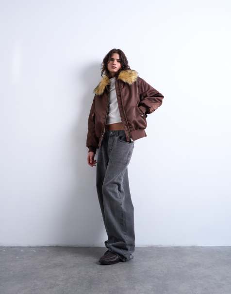 Topshop nylon bomber jacket with a faux fur collar in chocolate