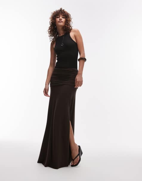 Topshop ruched waist maxi skirt in chocolate brown