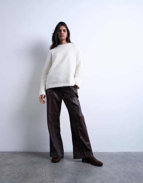 Topshop faux leather wide leg jogger with pinseam detail in chocolate