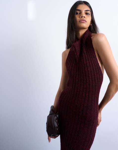 Topshop knitted backless halter neck dress in red