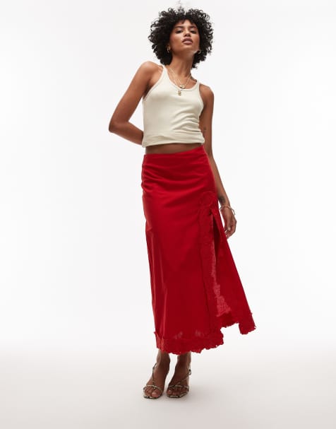 Topshop floral cutwork midi skirt with split in red