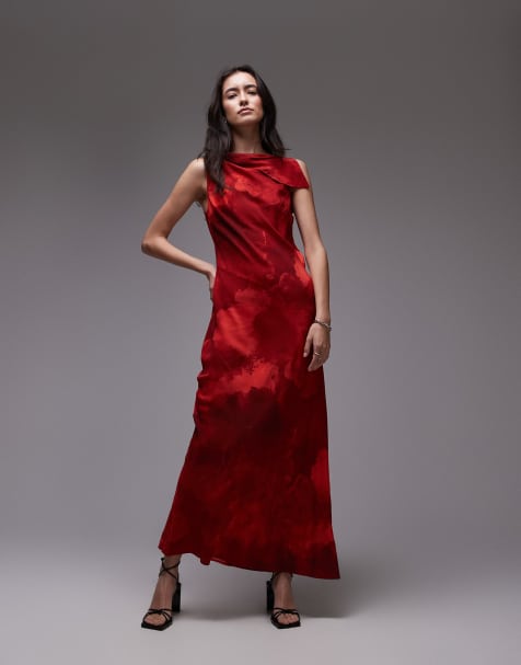 Topshop asymmetric neck bias cut midi dress in red mineral